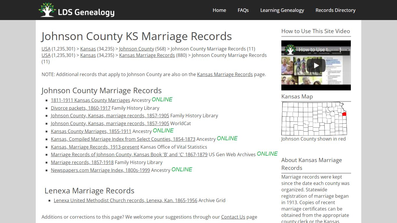 Johnson County KS Marriage Records - LDS Genealogy