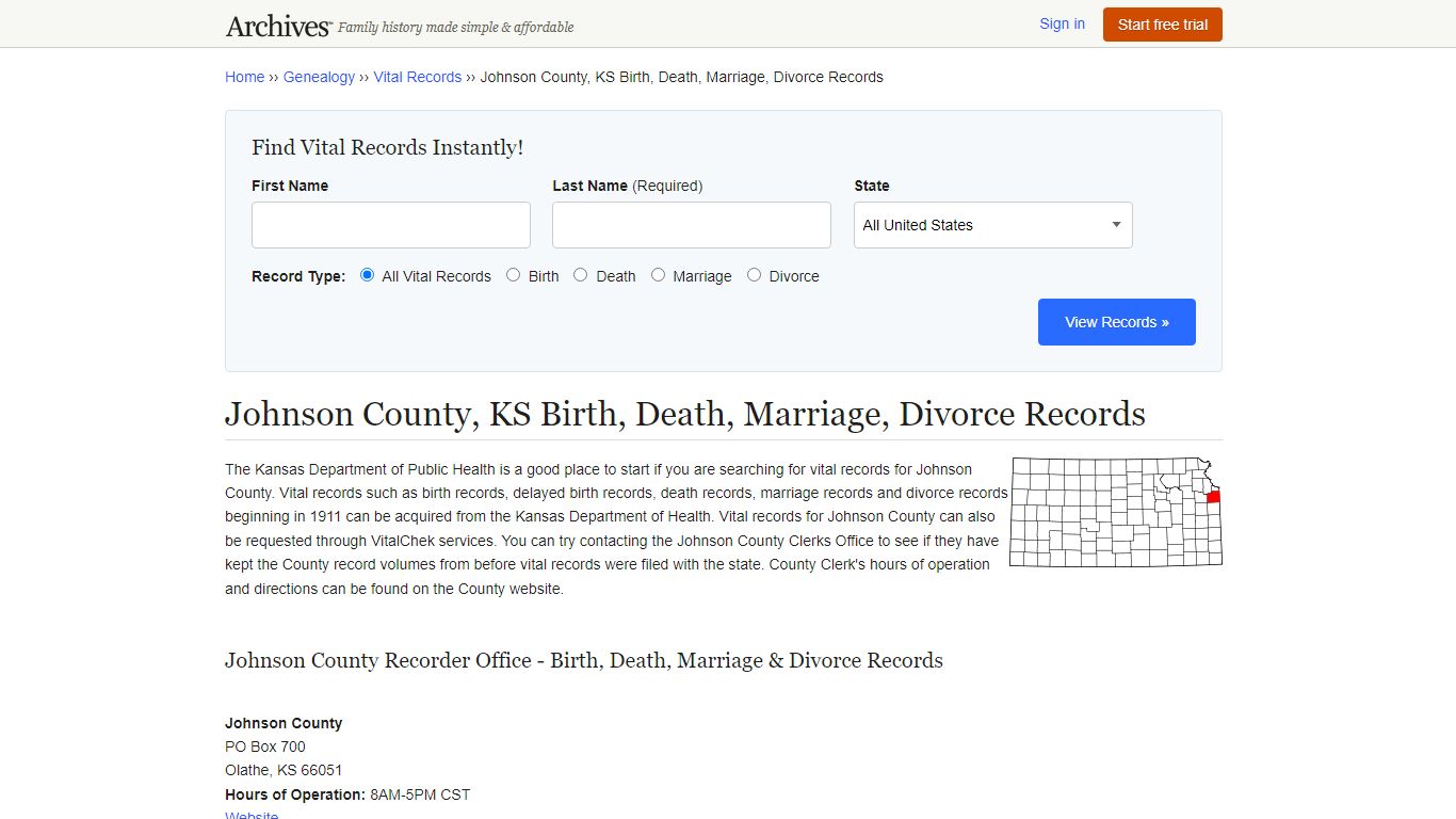 Johnson County, KS Birth, Death, Marriage, Divorce Records